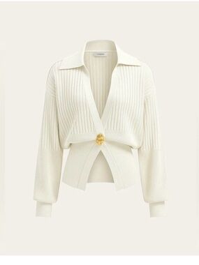 Commense Cream Ribbed Collared Cardigan with Gold Accent